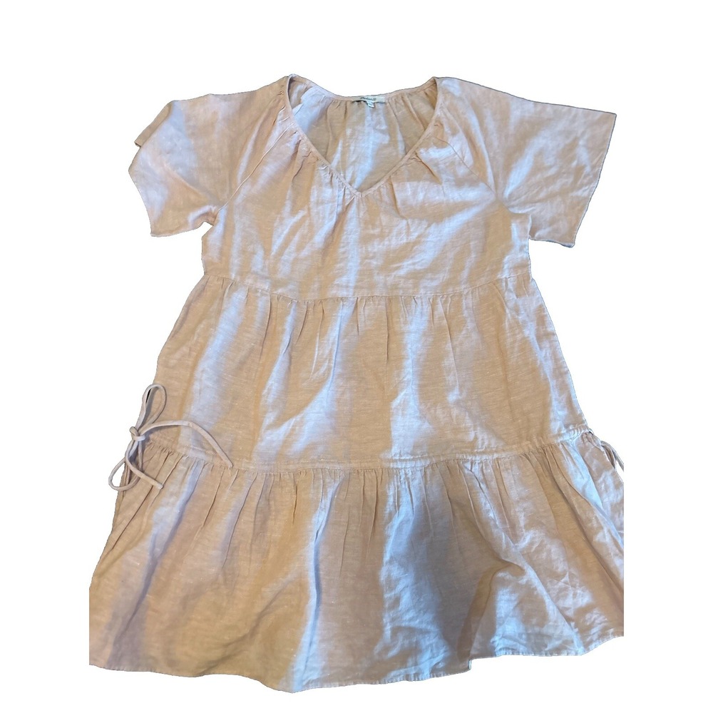 Madewell‎ Lorelei Dress Women's Med Linen Blend  Ruffle Mini Tiered Pink V-Neck
